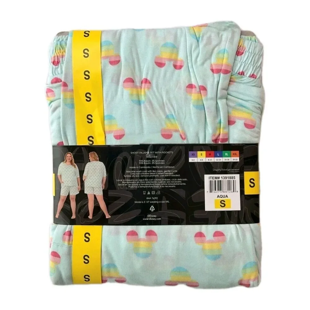 Disney Women's Mickey Mouse Short + Tee Pajama Set w/ Pockets Size S Aqua Blue - Picture 7 of 8